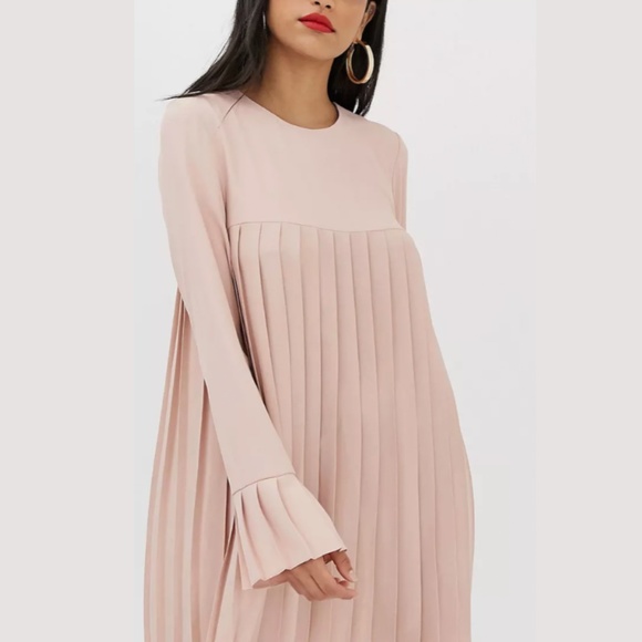 asos design pleated trapeze mini dress ASOS DESIGN pleated trapeze mini dress with puff sleeves in pink metallic texture